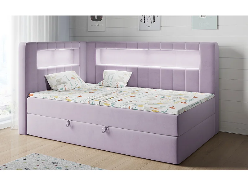 Kinderbett JUNIOR GOLD 3 - Einzelbett mit Matratze, LED-Beleuchtung, Bettkasten - 90x200 cm - Links Seite