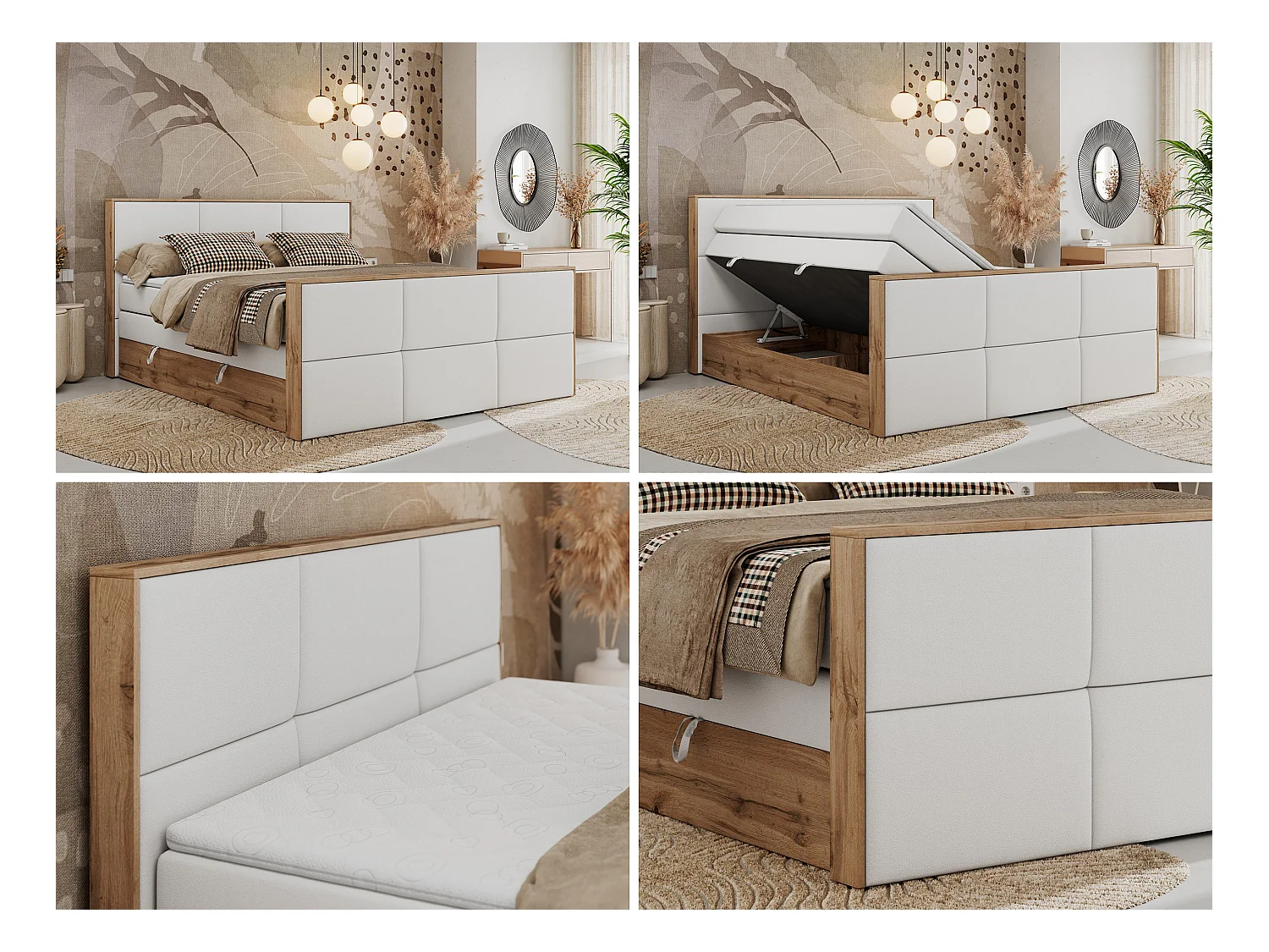 Boxspringbett ALBERO 2 KING DUO - Eiche Wotan Holzrahmen, zwei Multipocket-Matratzen, Bettkästen - 140x200 cm - H4 - Weiß Kunstleder