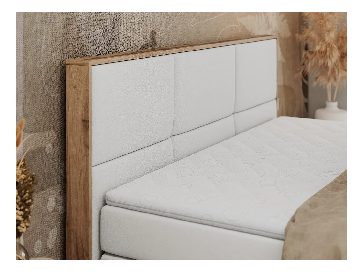 Boxspringbett ALBERO 2 KING DUO - Eiche Wotan Holzrahmen, zwei Multipocket-Matratzen, Bettkästen - 140x200 cm - H4 - Weiß Kunstleder