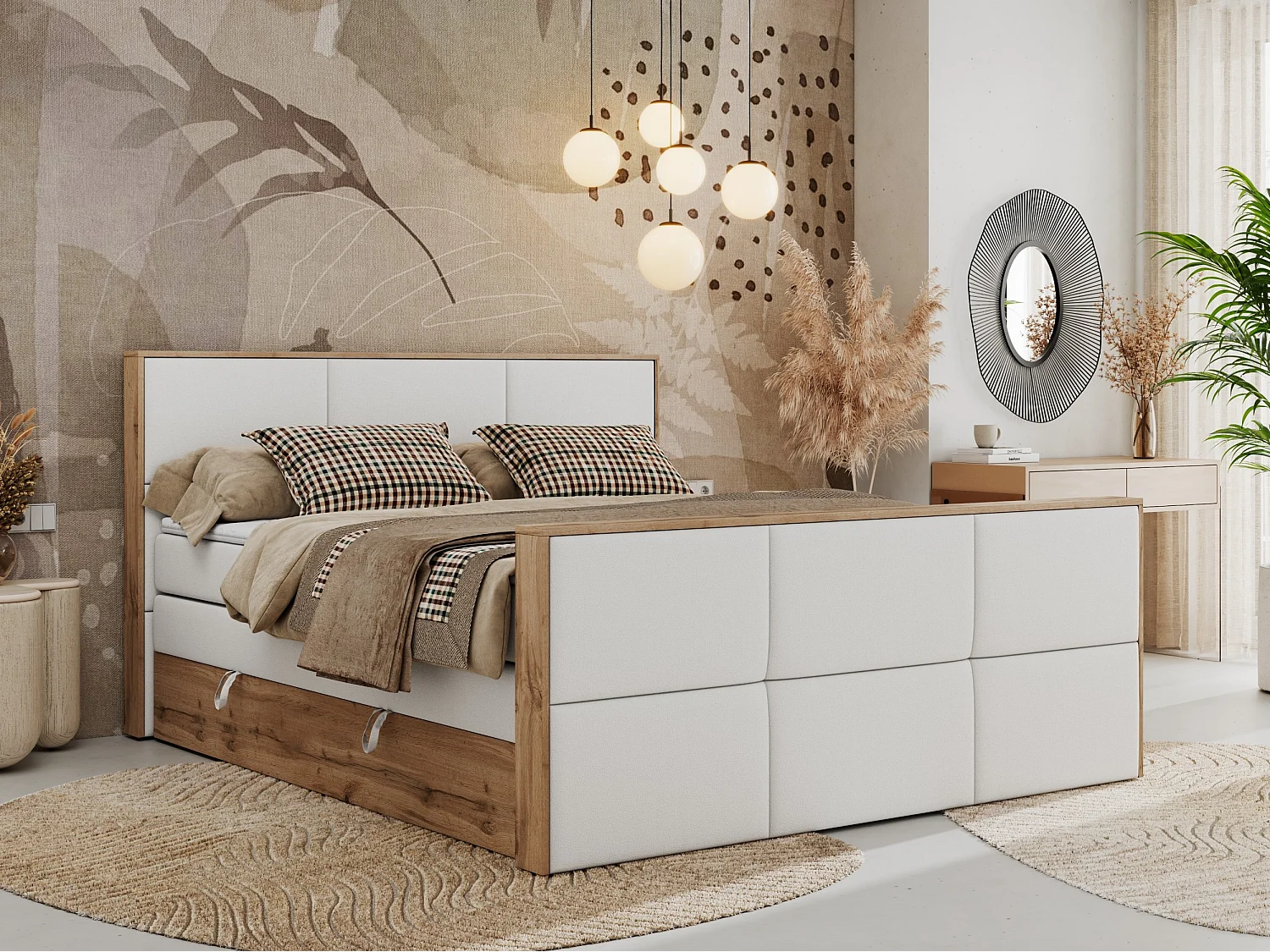 Boxspringbett ALBERO 2 KING DUO - Eiche Wotan Holzrahmen, zwei Multipocket-Matratzen, Bettkästen - 140x200 cm - H4 - Weiß Kunstleder