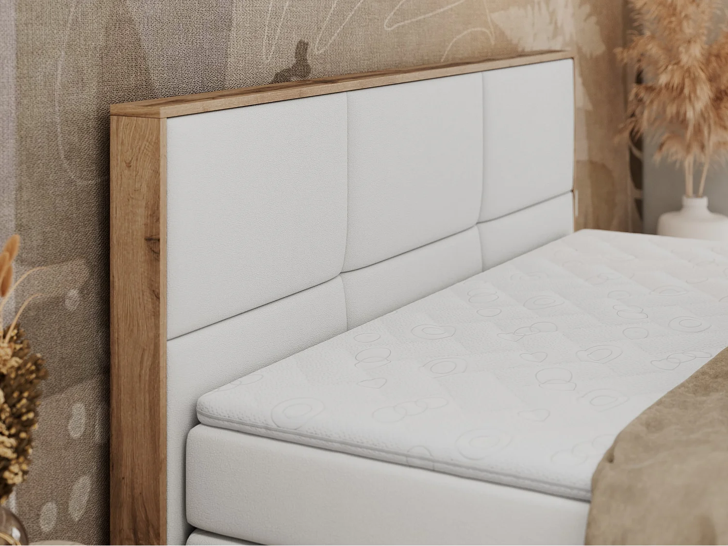 Boxspringbett ALBERO 2 KING DUO - Eiche Wotan Holzrahmen, zwei Multipocket-Matratzen, Bettkästen - 140x200 cm - H4 - Weiß Kunstleder