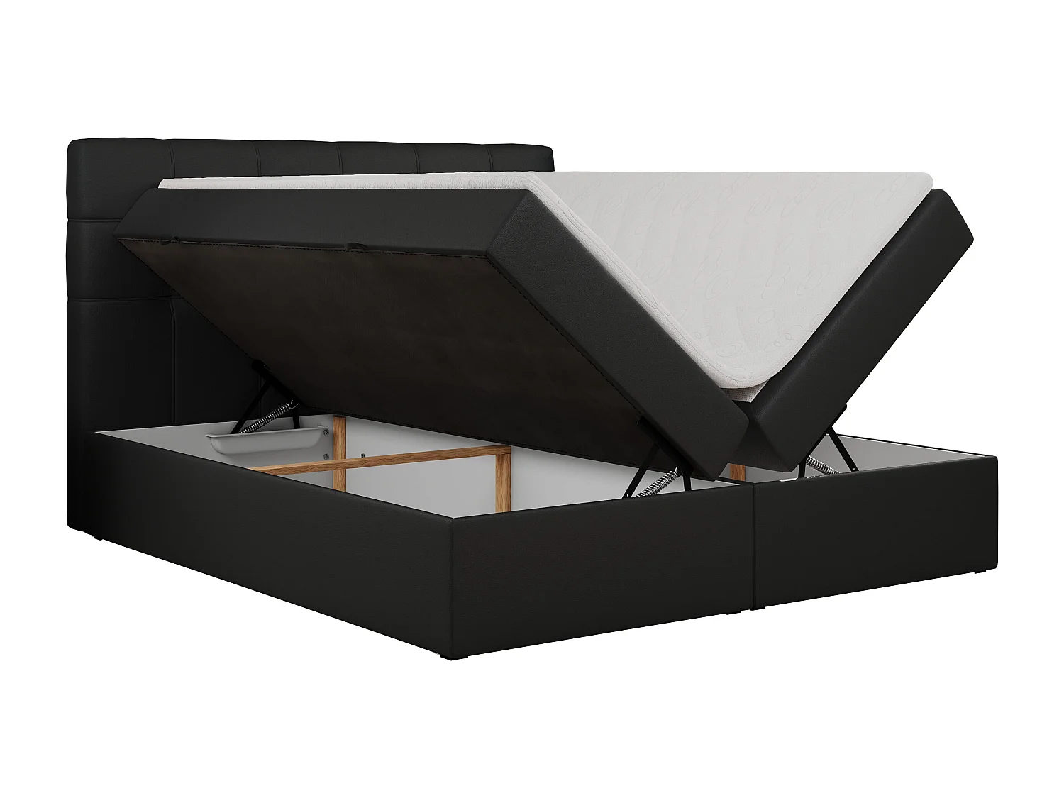 Boxspringbett ERNI - mit gestepptem Kopfteil, Polsterbett, Multipocket-Matratze und Topper, Bettkästen - 180x200 cm - H4 - Schwarz Kunstleder