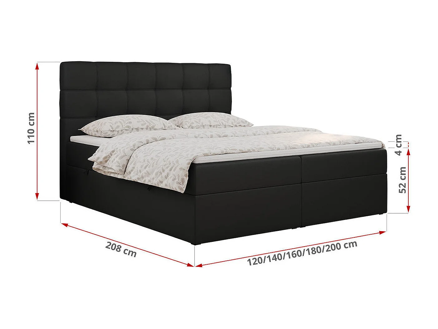 Boxspringbett ERNI - mit gestepptem Kopfteil, Polsterbett, Multipocket-Matratze und Topper, Bettkästen - 180x200 cm - H4 - Schwarz Kunstleder