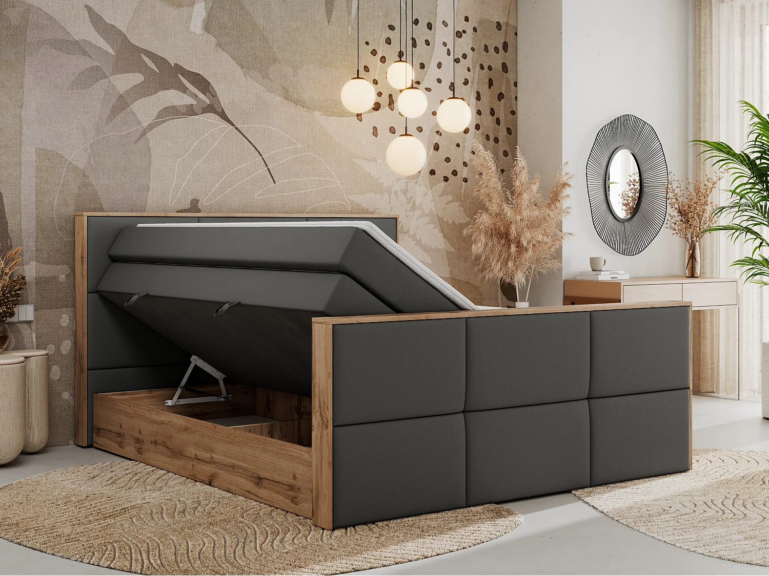 Boxspringbett ALBERO 2 KING DUO - Eiche Wotan Holzrahmen, zwei Multipocket-Matratzen, Bettkästen - 180x200 cm - H4 - Dunkelgrau Kunstleder