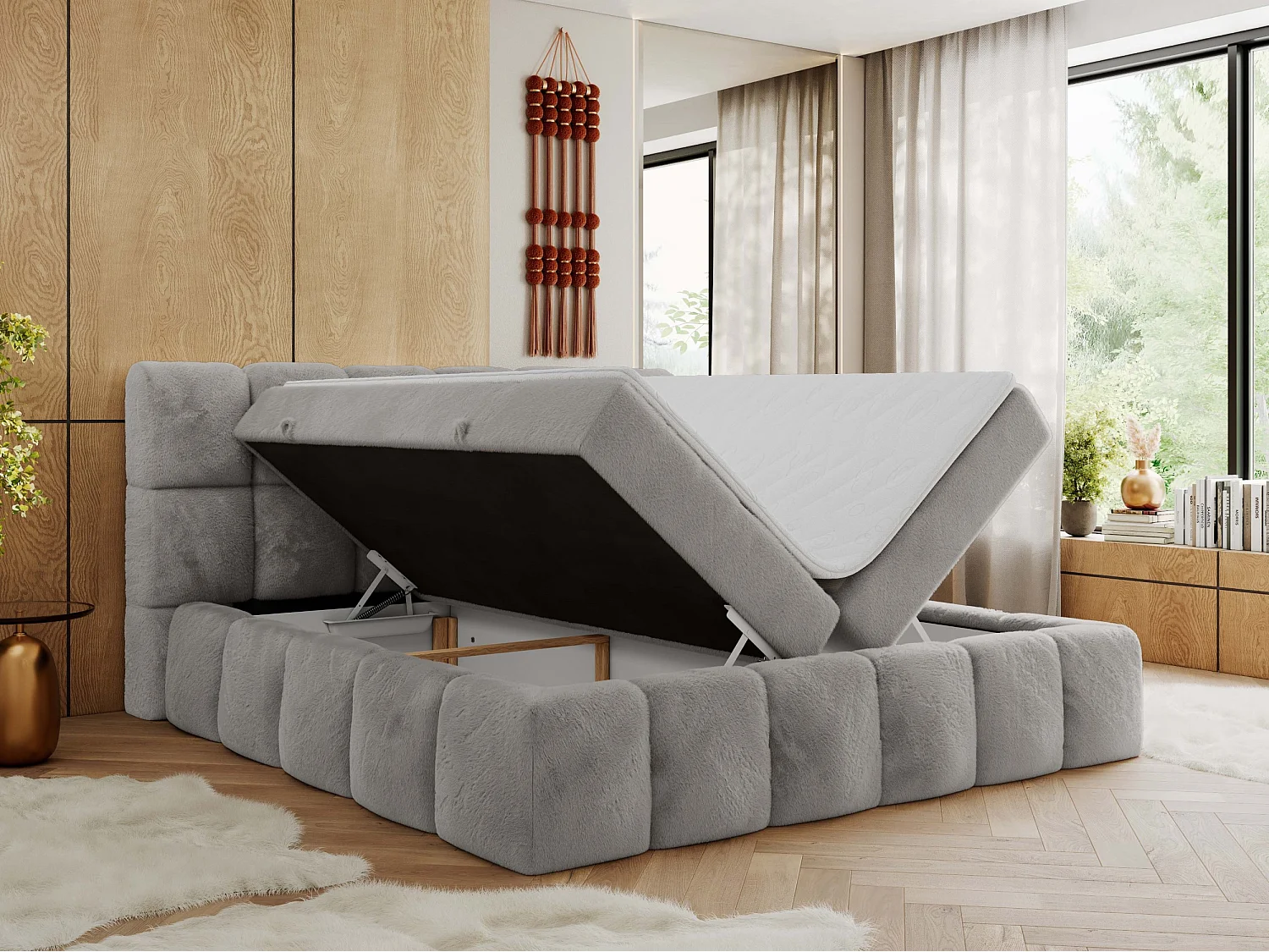 Boxspringbett NIRA - dekorativ kopfteil, Bettkästen und Multipocket-Matratze, Doppelbett für Schlafzimmer - 120x200 cm - H3 - Hellgrau Plüsch