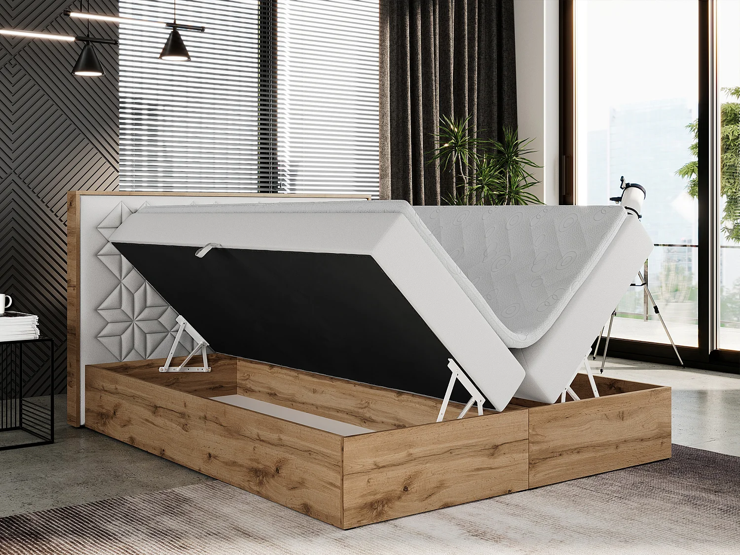 Boxspringbett NESSI - mit hoher Kopfstütze, Multipocket-Matratze und Topper, Doppelbett mit Bettkästen - 200x200 cm - H3 - Weiß Kunstleder