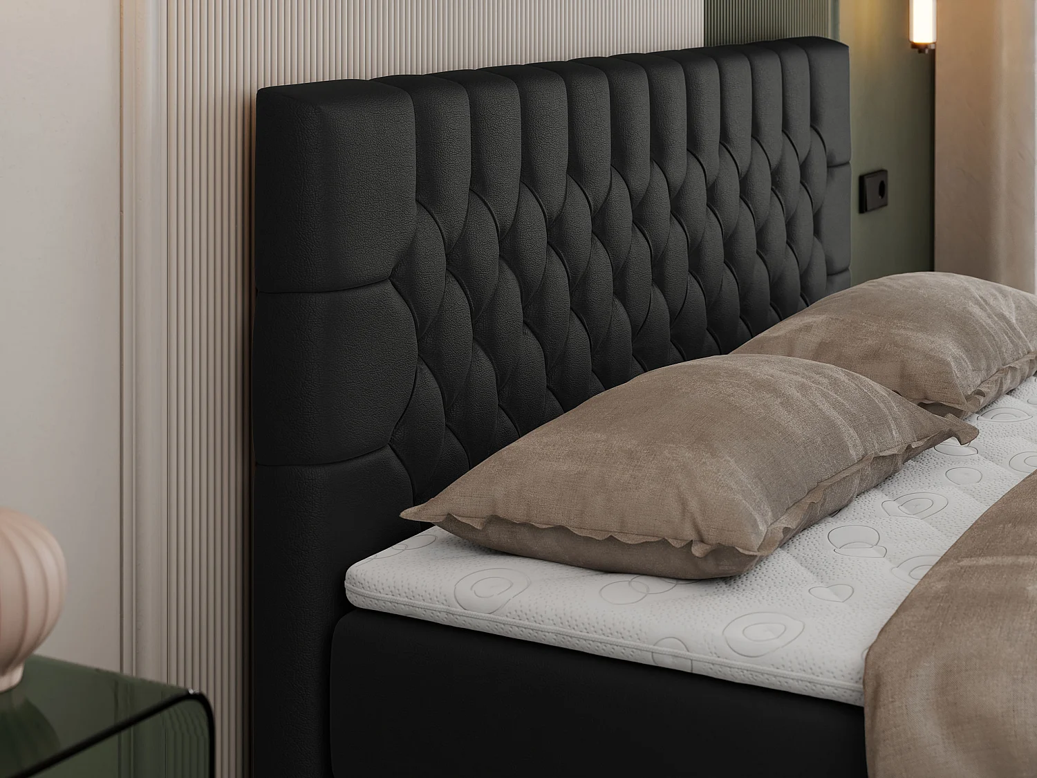 Boxspringbett PERA - gesteppte Kopfstütze, Multipocket-Matratze und Topper, Doppelbett mit Stauraum - 160x200 cm - H4 - Schwarz Kunstleder