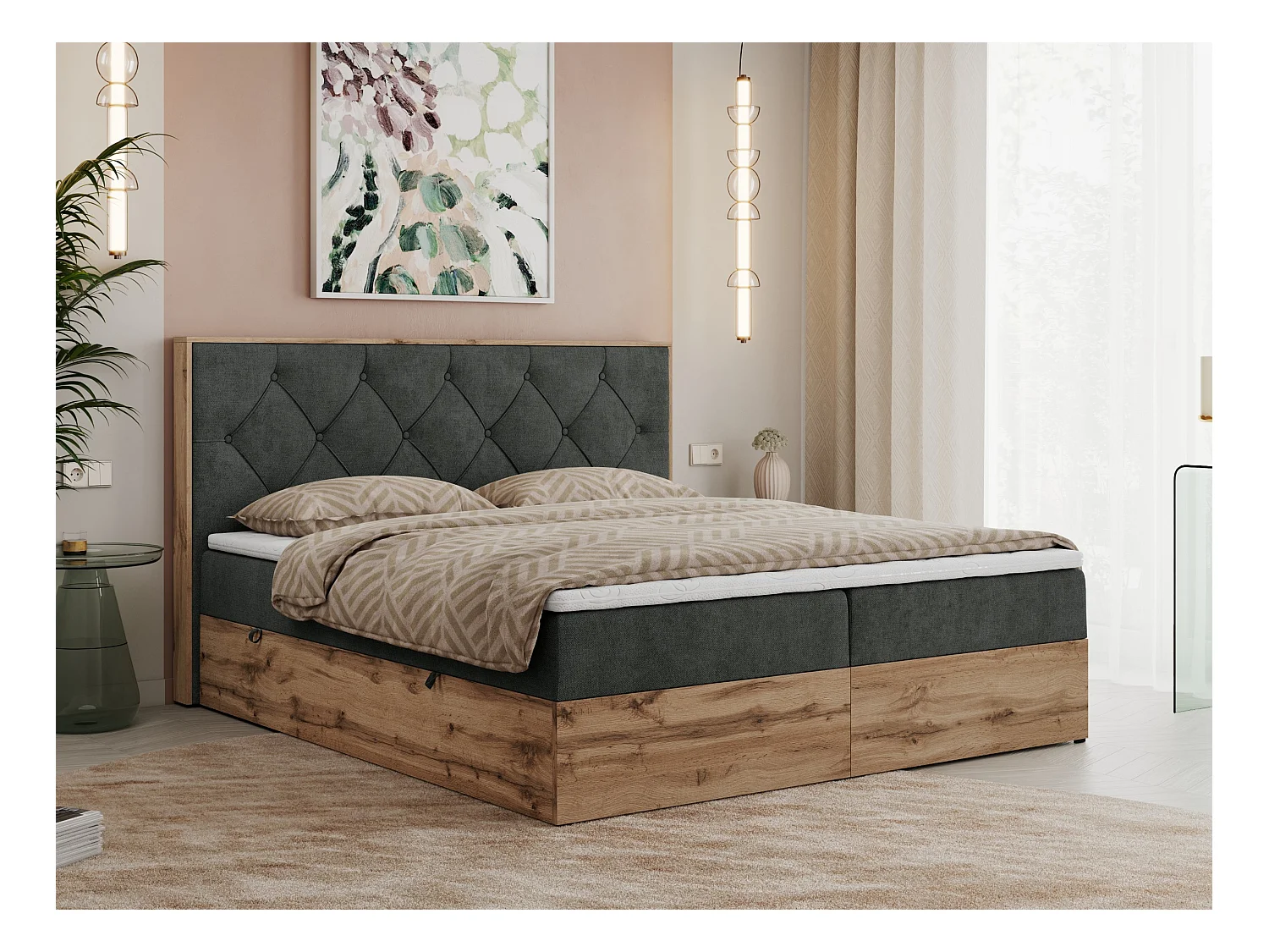 Boxspringbett VENETO - gestepptem Kopfteil, Set mit Multipocket-Matratze und Topper, Holzrahmen, zwei Bettkästen - 160x200 cm - H3 - Dunkelgrau Strukture