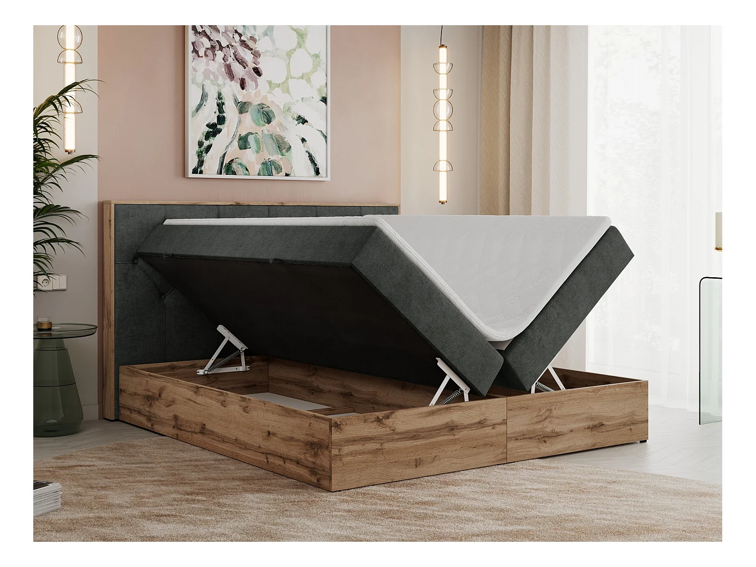 Boxspringbett VENETO - gestepptem Kopfteil, Set mit Multipocket-Matratze und Topper, Holzrahmen, zwei Bettkästen - 160x200 cm - H3 - Dunkelgrau Strukture