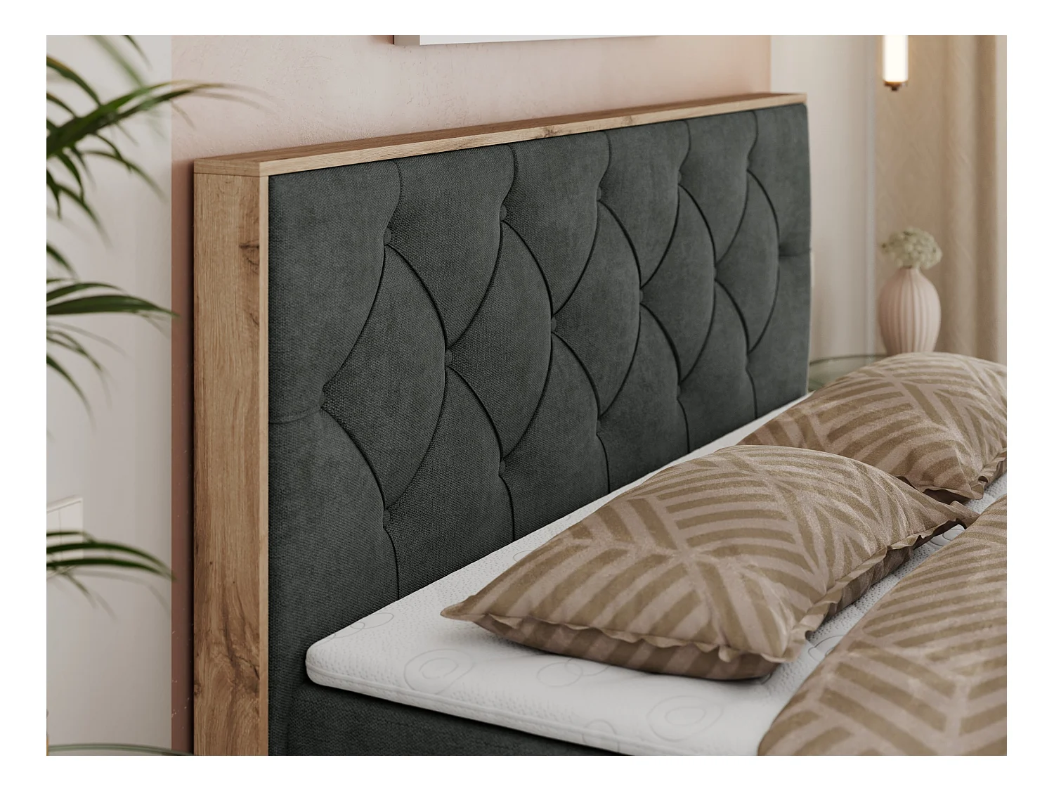 Boxspringbett VENETO - gestepptem Kopfteil, Set mit Multipocket-Matratze und Topper, Holzrahmen, zwei Bettkästen - 160x200 cm - H3 - Dunkelgrau Strukture