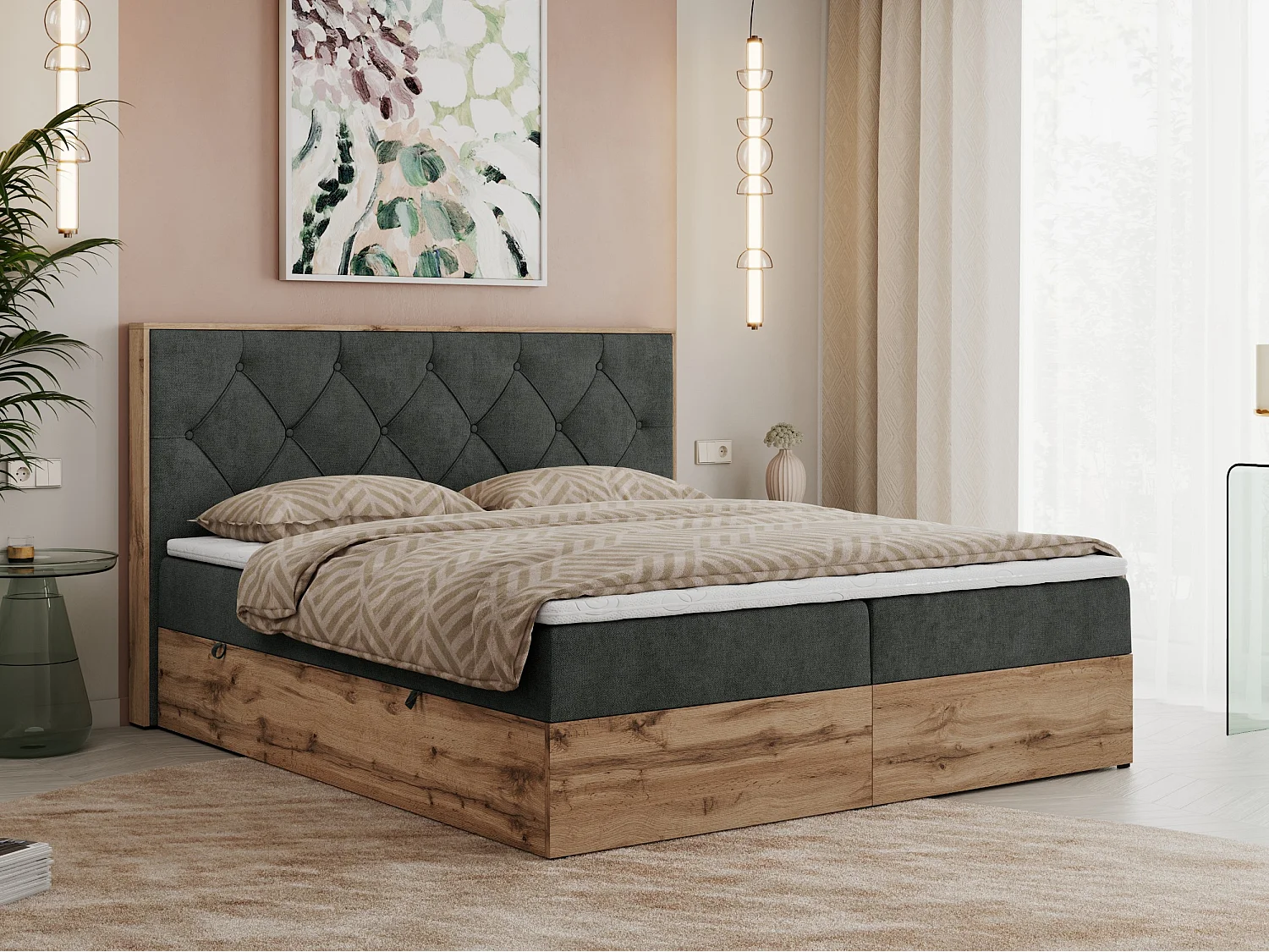 Boxspringbett VENETO - gestepptem Kopfteil, Set mit Multipocket-Matratze und Topper, Holzrahmen, zwei Bettkästen - 160x200 cm - H3 - Dunkelgrau Strukture