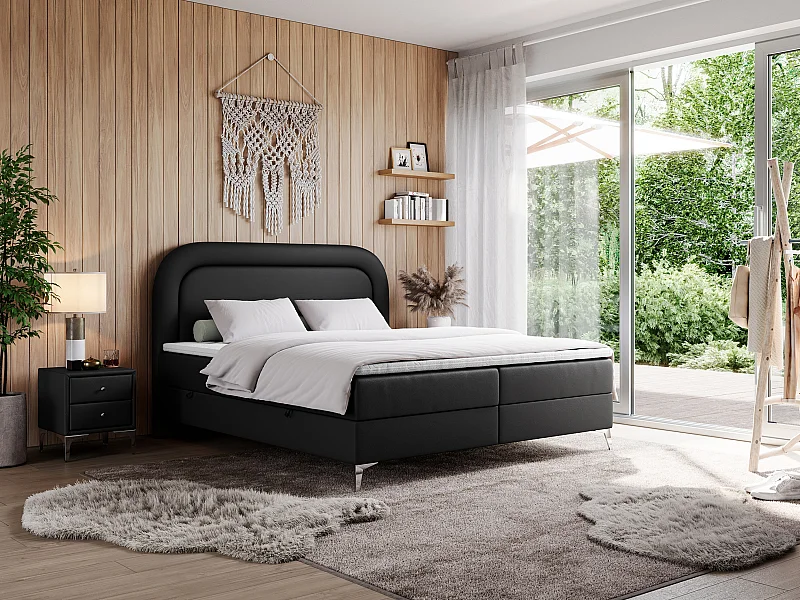 Boxspringbett EIRA - Polsterbett mit Stauraum, Set mit Kopfteil und Multipocket-Matratze, Metallbeine - 200x200 cm - H3 - Schwarz Kunstleder