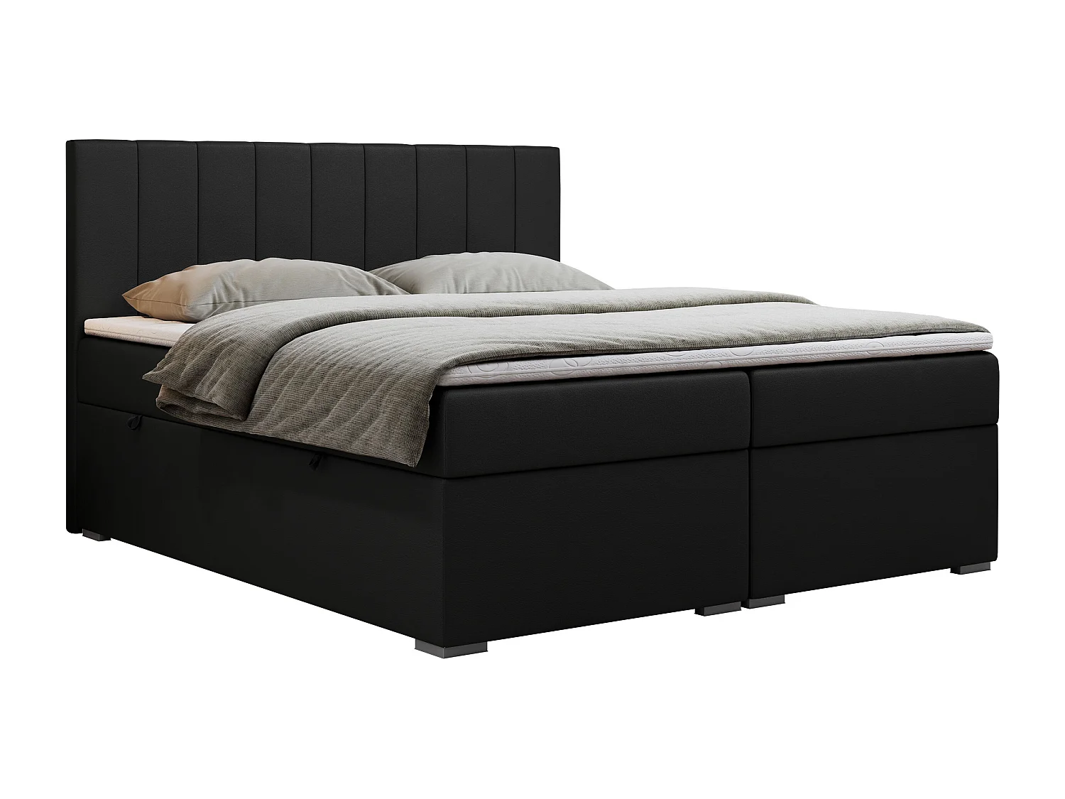 Boxspringbett LOPE - genähtes Kopfteil, Doppelbett mit Stauraum, Multipocket-Matratze, Topper - 120x200 cm - H3 - Schwarz Kunstleder