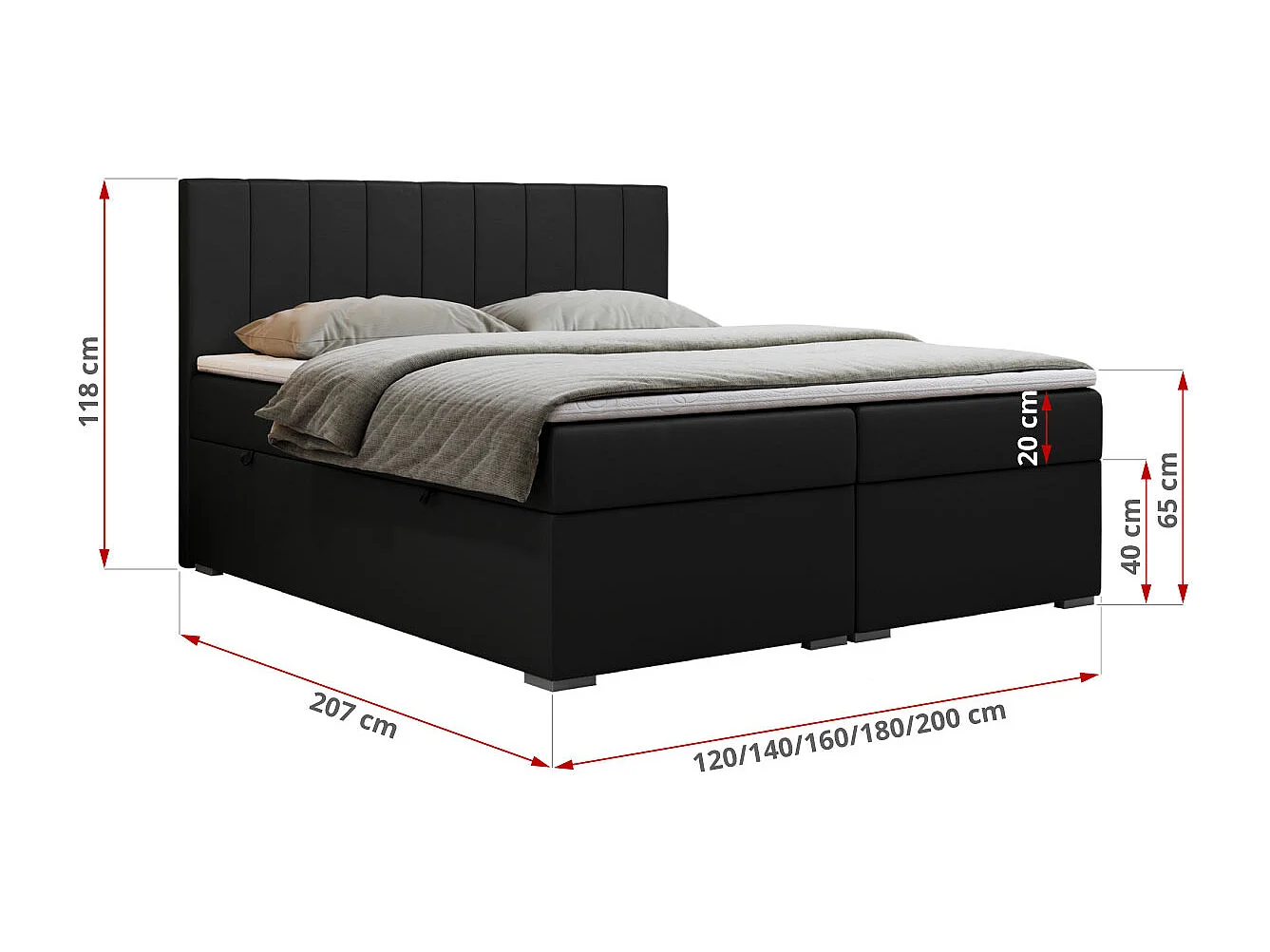 Boxspringbett LOPE - genähtes Kopfteil, Doppelbett mit Stauraum, Multipocket-Matratze, Topper - 120x200 cm - H3 - Schwarz Kunstleder