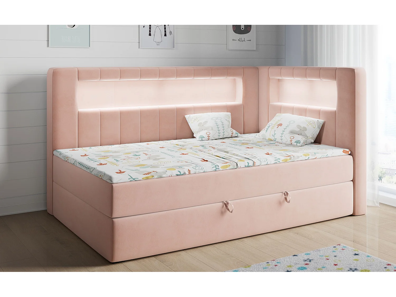 Kinderbett JUNIOR GOLD 3 - Einzelbett mit Matratze, LED-Beleuchtung, Bettkasten - 90x200 cm - Rechts Seite