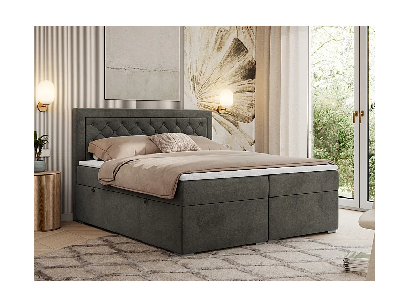 Boxspringbett JASIR - mit gestepptem Kopfteil, Doppelbett für Schlafzimmer, Multipocket-Matratze, Stauraum - 160x200 cm - H3 - Dunkelgrau Velvet