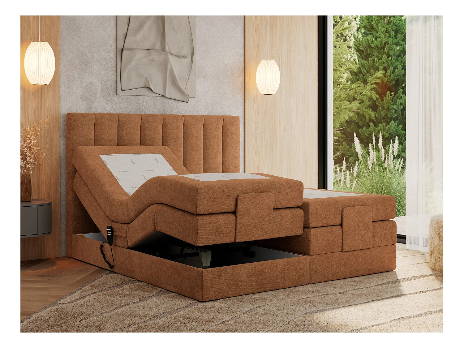 Boxspringbett COMFORTO - Doppelbett, Elektrisch verstellbare, Multipocket-Matratzen und Topper, genähtes Kopfteil - 180x200 cm - H3 - Orange Strukture
