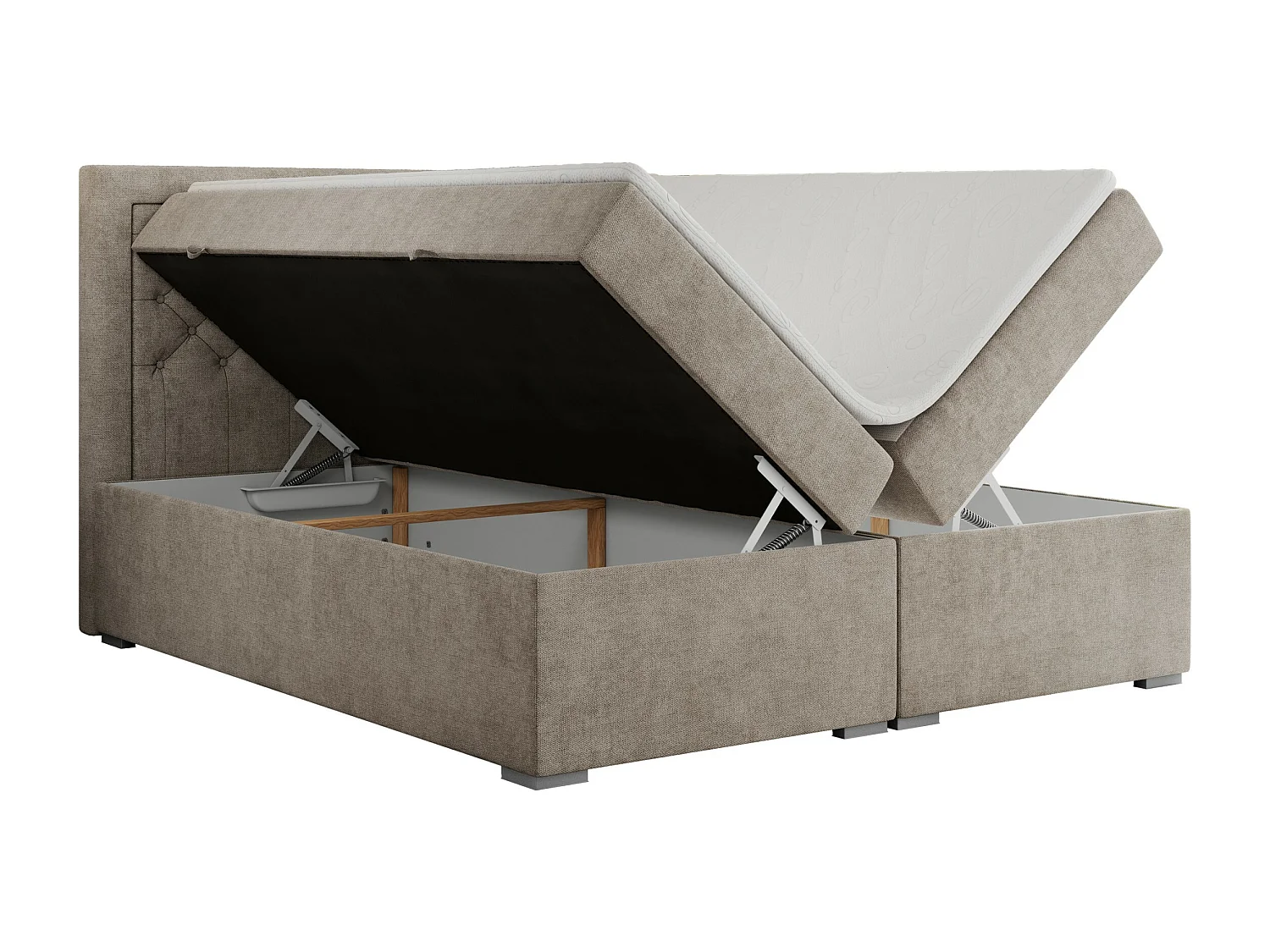 Boxspringbett JASIR - mit gestepptem Kopfteil, Doppelbett für Schlafzimmer, Multipocket-Matratze, Stauraum - 180x200 cm - H3 - Beige Strukture