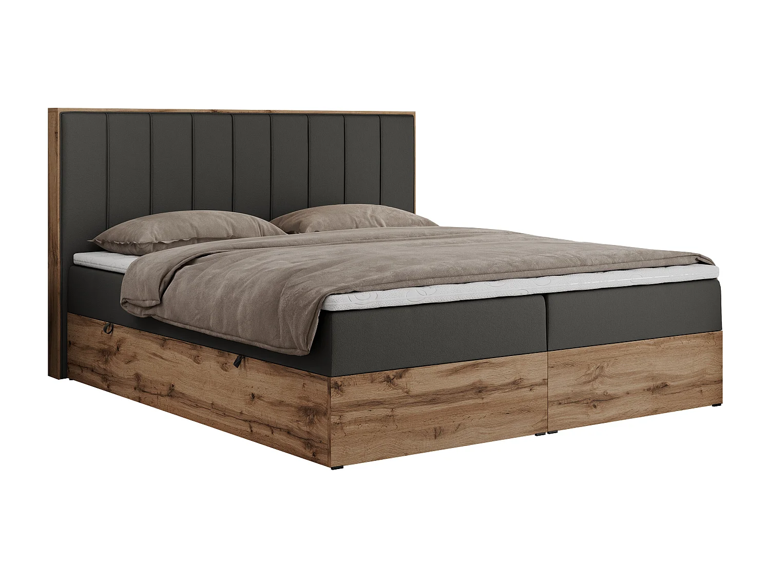 Boxspringbett BELLISSIMO - mit gestepptem Kopfteil, Polsterbett mit zwei Bettkästen, Multipocket-Matratze - 160x200 cm - H4 - Dunkelgrau Kunstleder