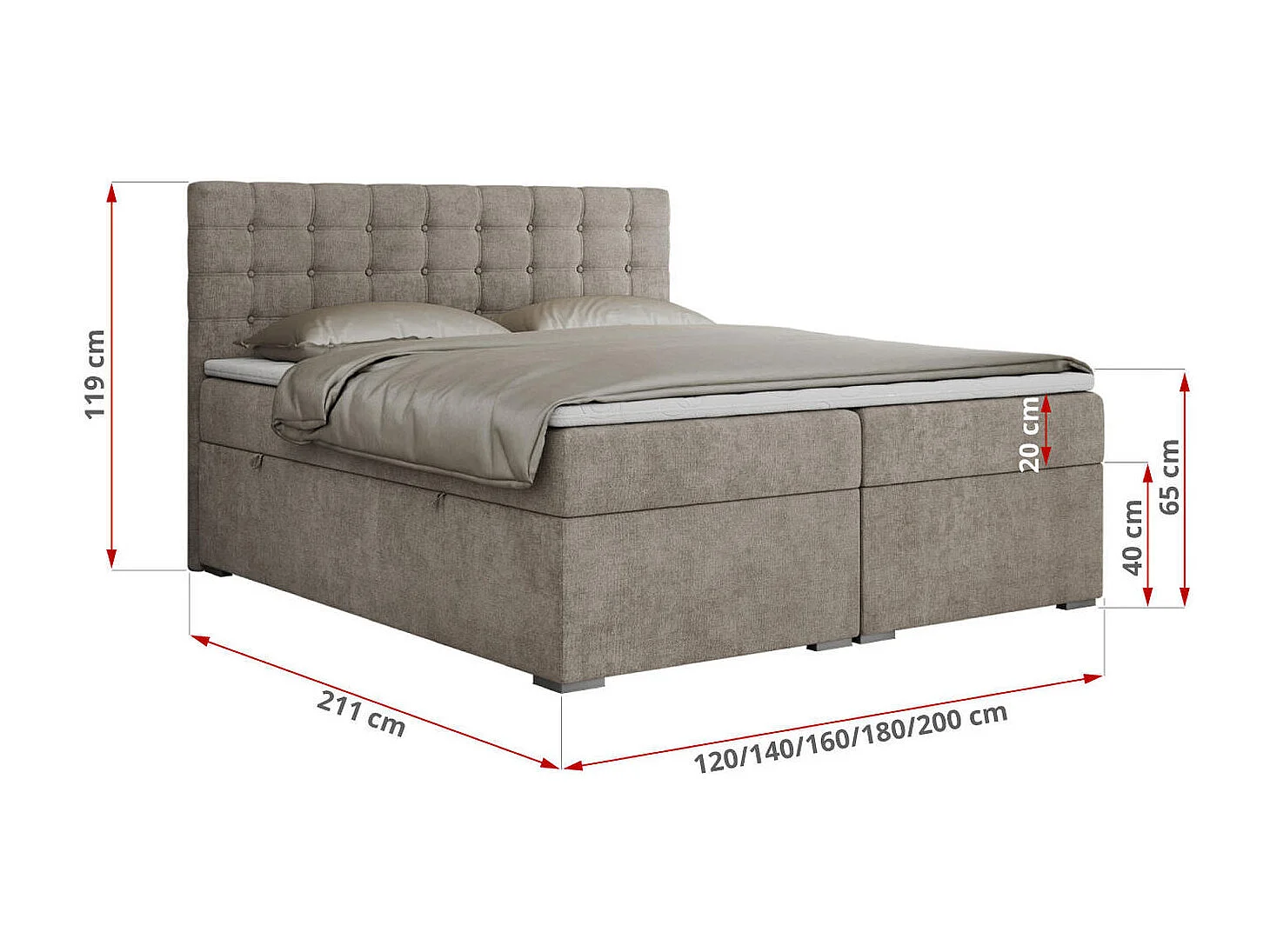 Boxspringbett SUSAN - mit gestepptem Kopfteil, zwei Bettkästen und Topper, gepolstertes Schlafzimmerbett - 200x200 cm - H4 - Beige Stukture