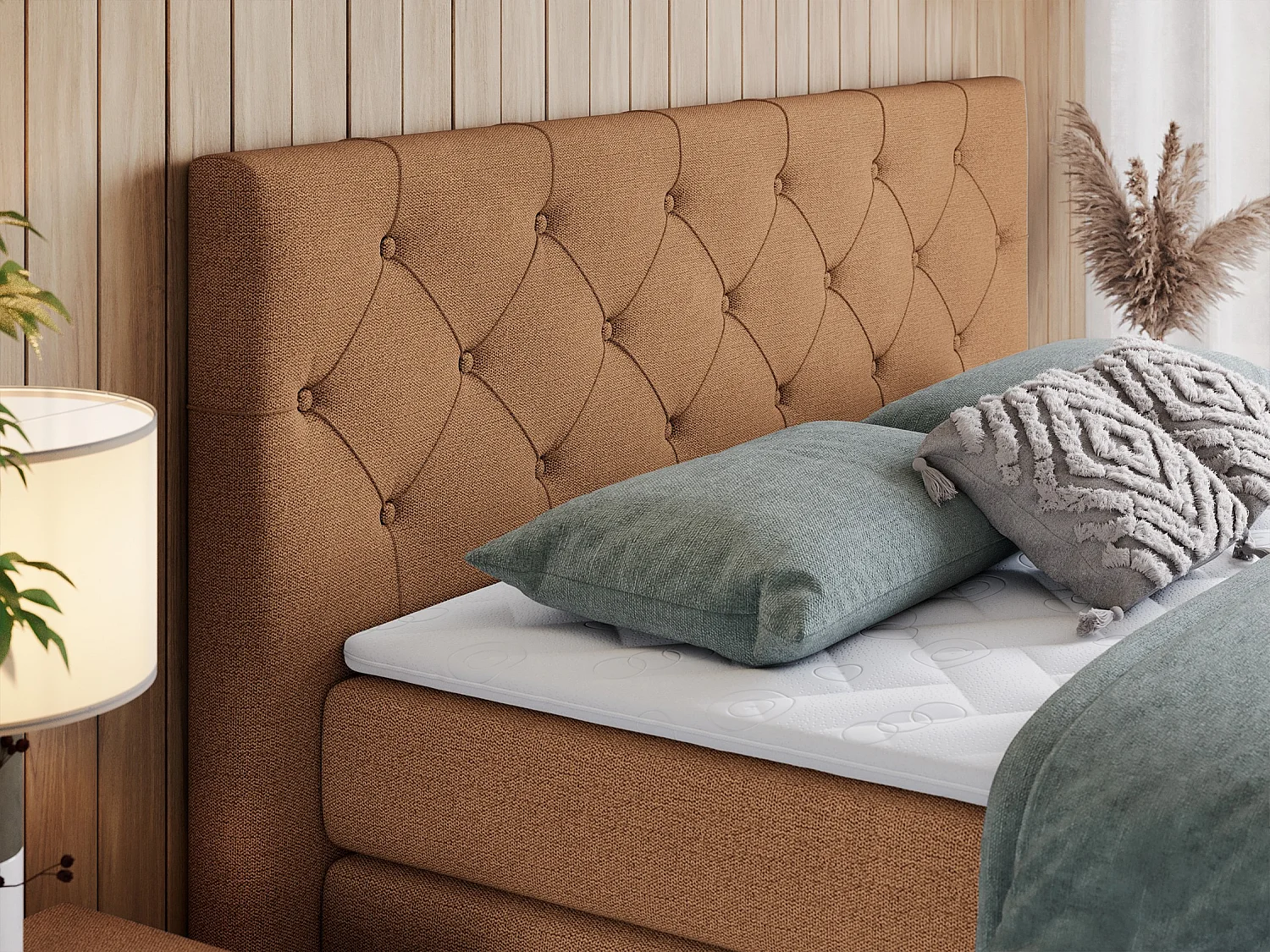 Boxspringbett VELEN KING - Doppelbett mit gestepptem Kopfteil, zwei Multipocket-Matratzen, Polsterbett mit Kopfstütze - 120x200 cm - H3 - Orange Strukture