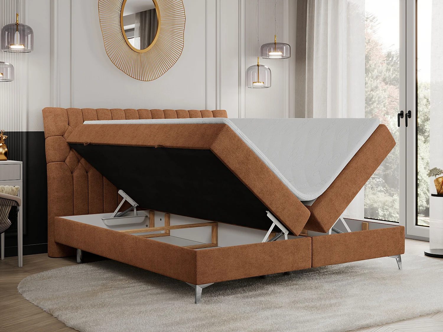 Boxspringbett MILEN - gepolstertes Schlafzimmerbett, zwei Multipocket-Matratze, dekorative hohe Beine - 160x200 cm - H3 - Orange Strukture