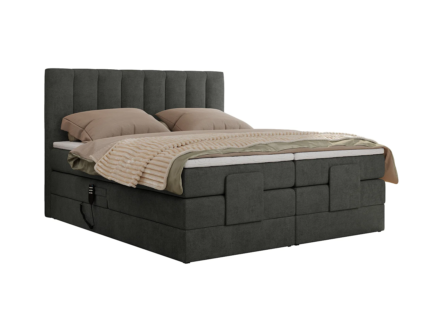 Boxspringbett COMFORTO - Doppelbett, Elektrisch verstellbare, Multipocket-Matratzen und Topper, genähtes Kopfteil - 160x200 cm - H4 - Dunkelgrau Strukture