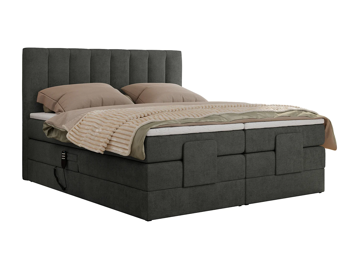 Boxspringbett COMFORTO - Doppelbett, Elektrisch verstellbare, Multipocket-Matratzen und Topper, genähtes Kopfteil - 160x200 cm - H4 - Dunkelgrau Strukture