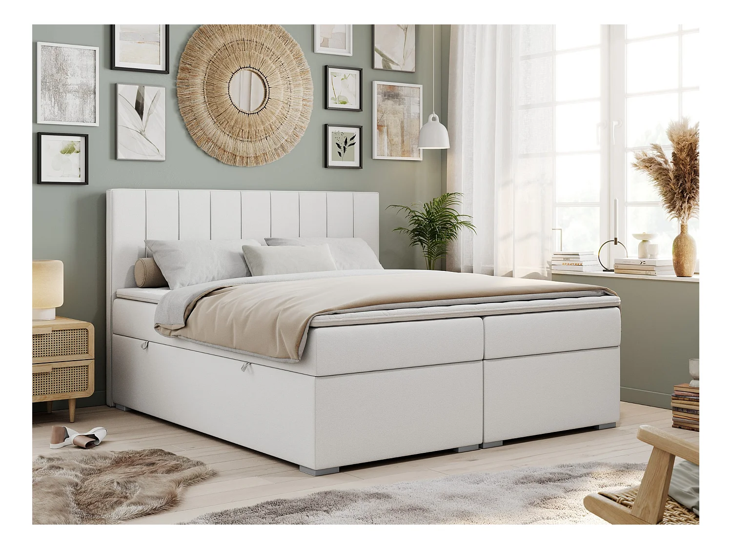 Boxspringbett ALLY - gestreiftes, genähtes Kopfteil, zwei Bettkästen, Multipocket-Matratzen, Praktisch Polsterbett - 200x200 cm - H4 - Weiß Kunstleder