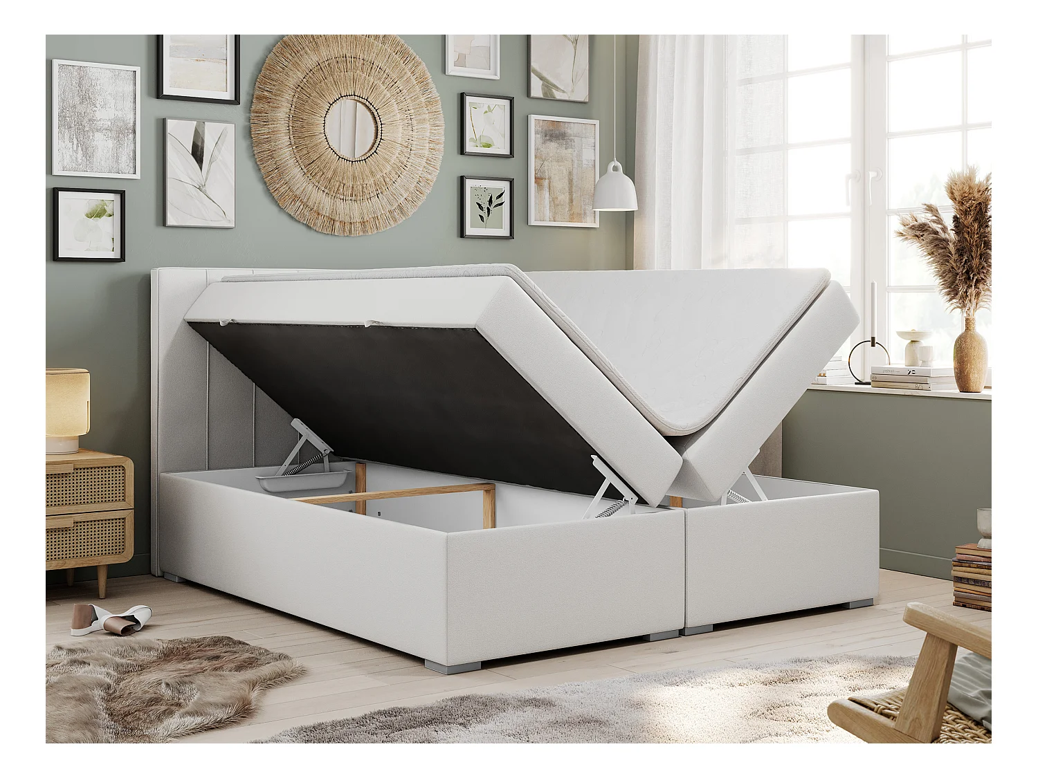 Boxspringbett ALLY - gestreiftes, genähtes Kopfteil, zwei Bettkästen, Multipocket-Matratzen, Praktisch Polsterbett - 200x200 cm - H4 - Weiß Kunstleder