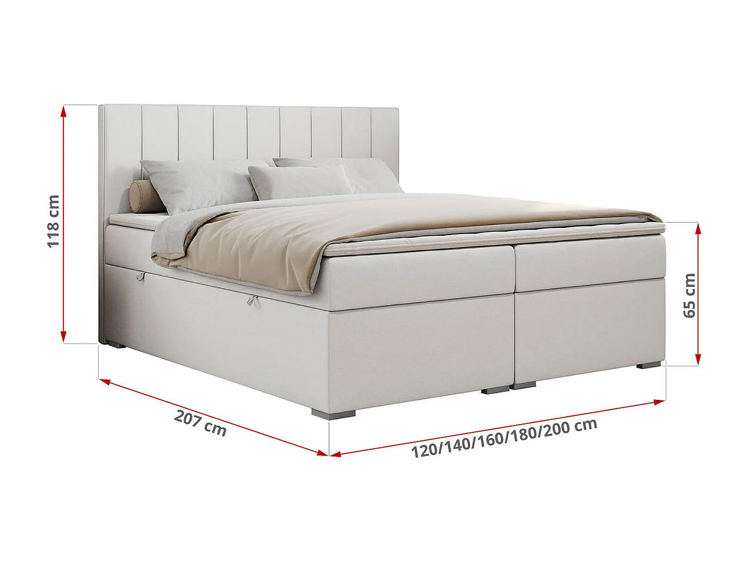 Boxspringbett ALLY - gestreiftes, genähtes Kopfteil, zwei Bettkästen, Multipocket-Matratzen, Praktisch Polsterbett - 200x200 cm - H4 - Weiß Kunstleder