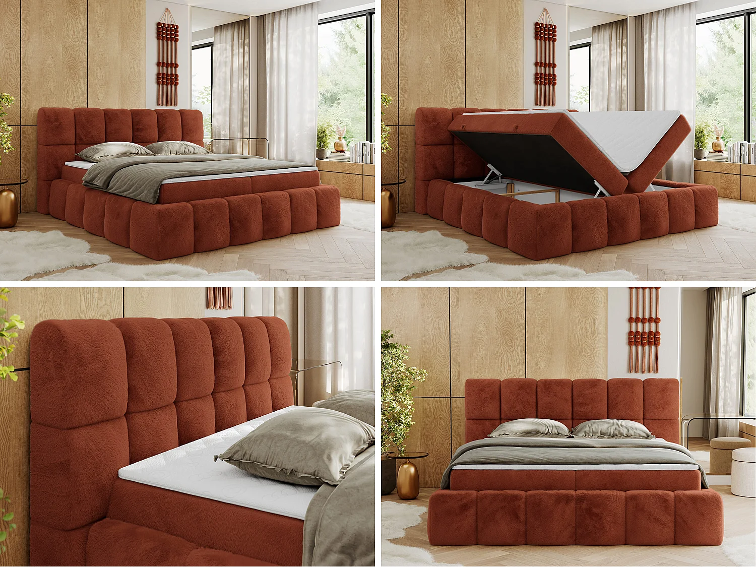 Boxspringbett NIRA - dekorativ kopfteil, Bettkästen und Multipocket-Matratze, Doppelbett für Schlafzimmer - 180x200 cm - H3 - Orange Plüsch
