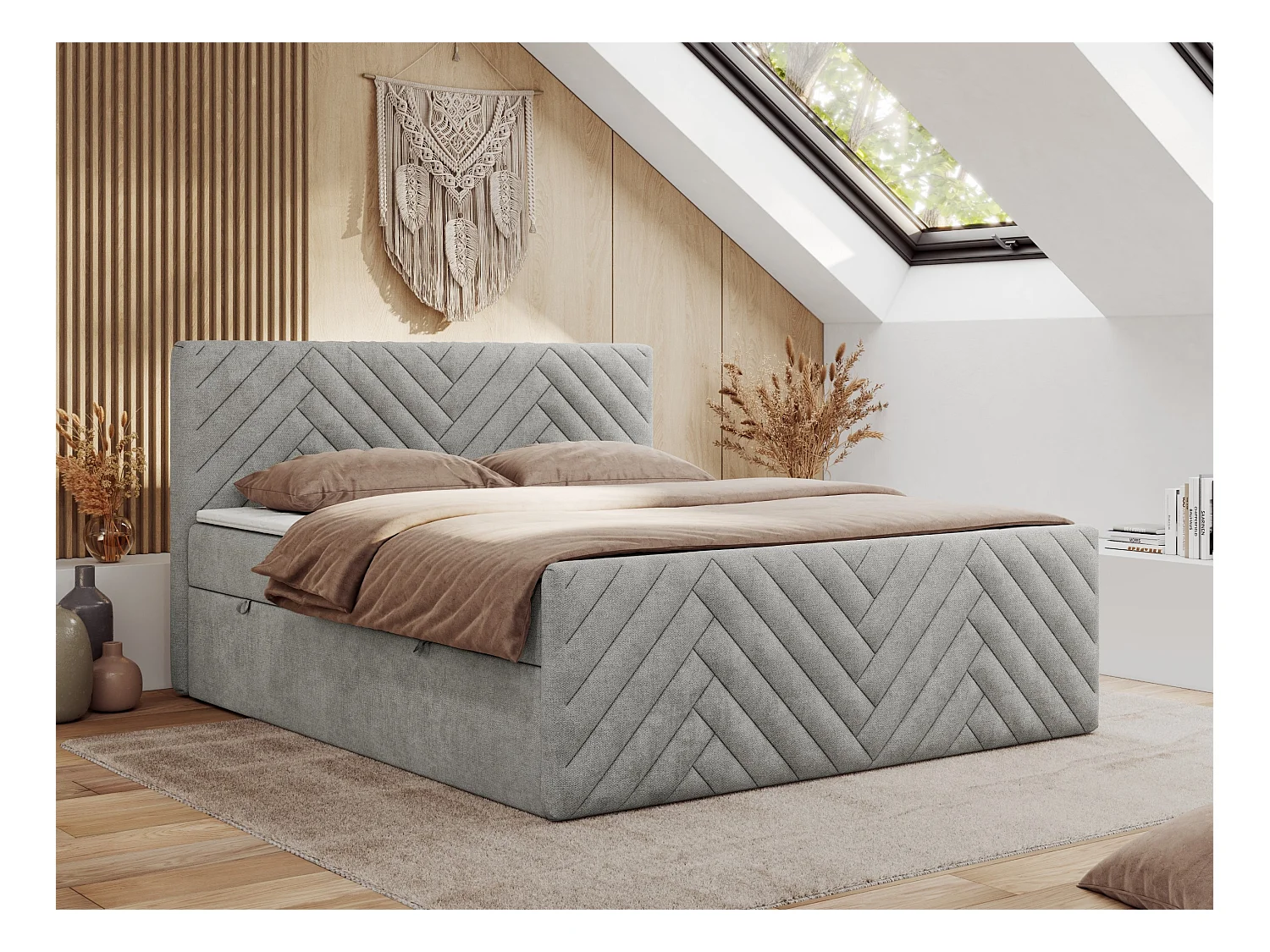 Boxspringbett PARIS DUO - Polsterbett mit genähtem Kopfteil und Frontplatte, Doppelbett, zwei Bettkästen - 160x200 cm - H4 - Hellgrau Strukture