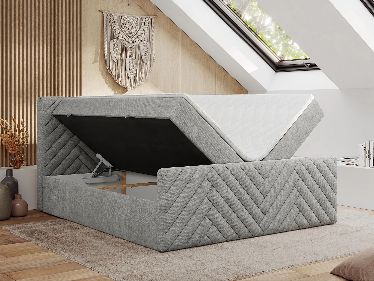 Boxspringbett PARIS DUO - Polsterbett mit genähtem Kopfteil und Frontplatte, Doppelbett, zwei Bettkästen - 160x200 cm - H4 - Hellgrau Strukture