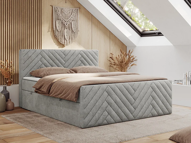 Boxspringbett PARIS DUO - Polsterbett mit genähtem Kopfteil und Frontplatte, Doppelbett, zwei Bettkästen - 160x200 cm - H4 - Hellgrau Strukture