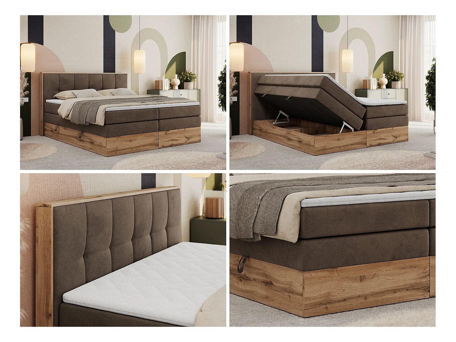 Boxspringbett ALBERO 1 KING - zwei 7 Härtezonen Multipocket-Matratzen, Doppelbett mit Stauraum, Eiche Wotan Holzrahmen - 160x200 cm - H3 - Braun Velvet