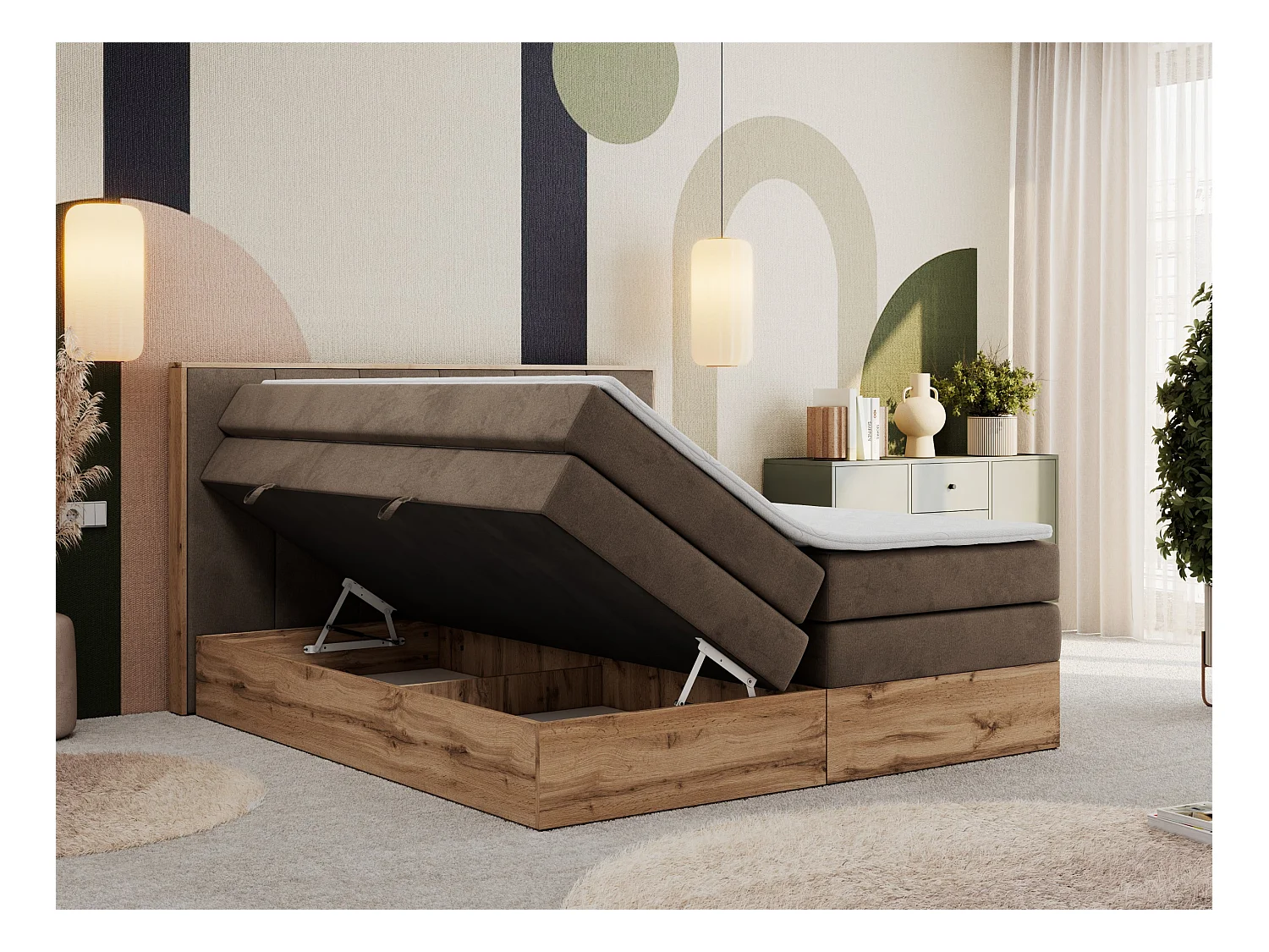 Boxspringbett ALBERO 1 KING - zwei 7 Härtezonen Multipocket-Matratzen, Doppelbett mit Stauraum, Eiche Wotan Holzrahmen - 160x200 cm - H3 - Braun Velvet