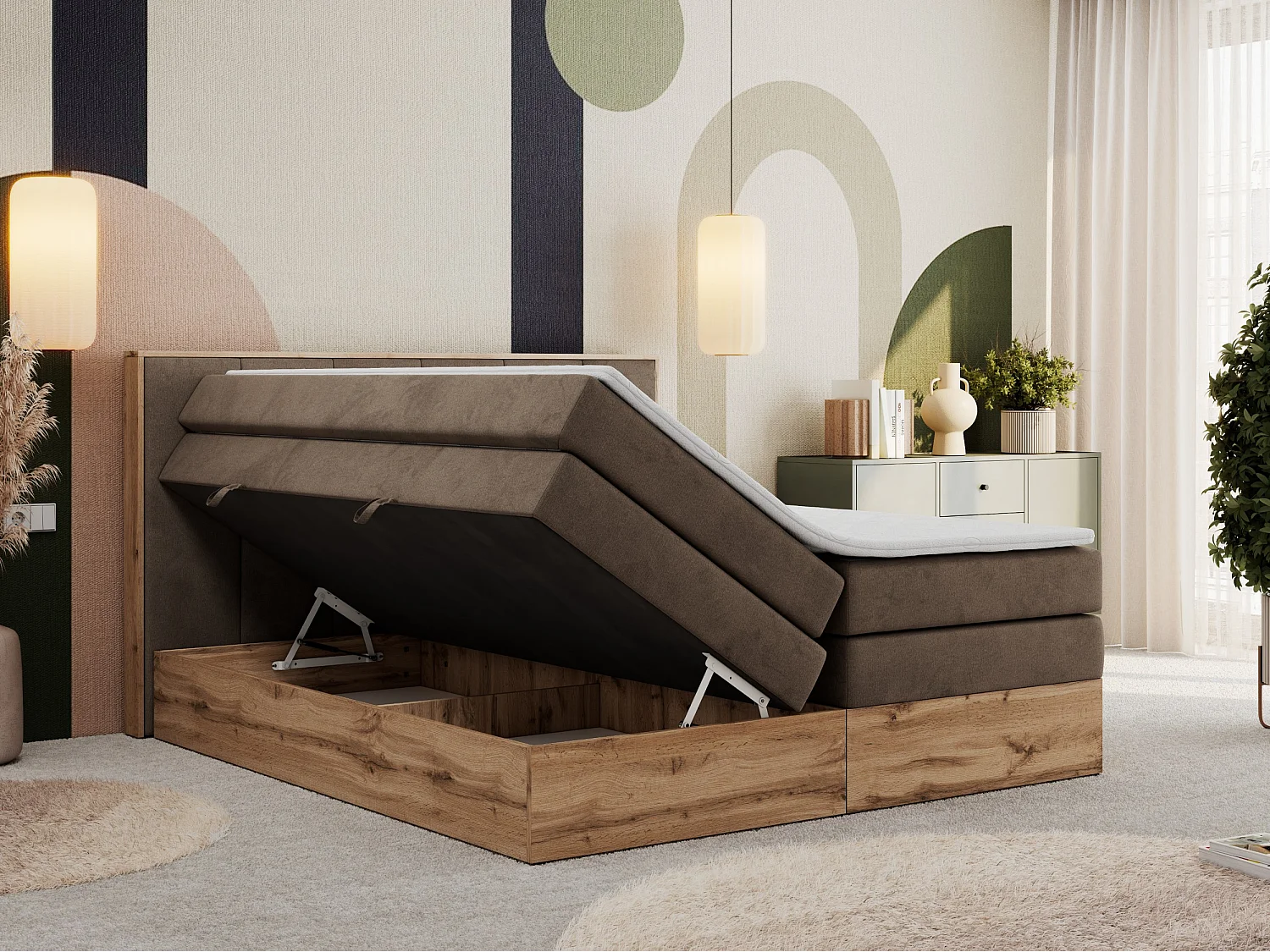 Boxspringbett ALBERO 1 KING - zwei 7 Härtezonen Multipocket-Matratzen, Doppelbett mit Stauraum, Eiche Wotan Holzrahmen - 160x200 cm - H3 - Braun Velvet