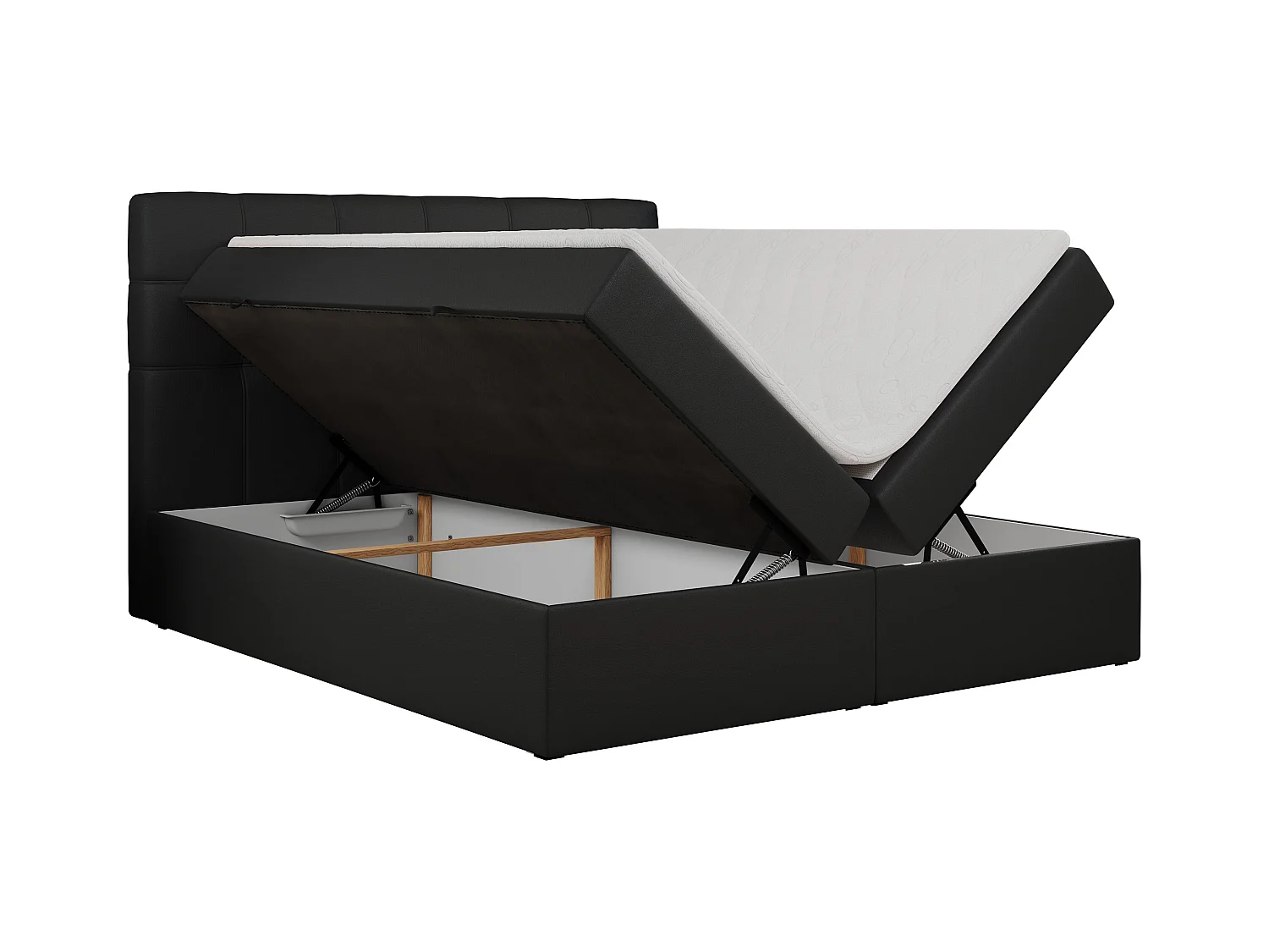 Boxspringbett ERNI - mit gestepptem Kopfteil, Polsterbett, Multipocket-Matratze und Topper, Bettkästen - 160x200 cm - H3 - Schwarz Kunstleder