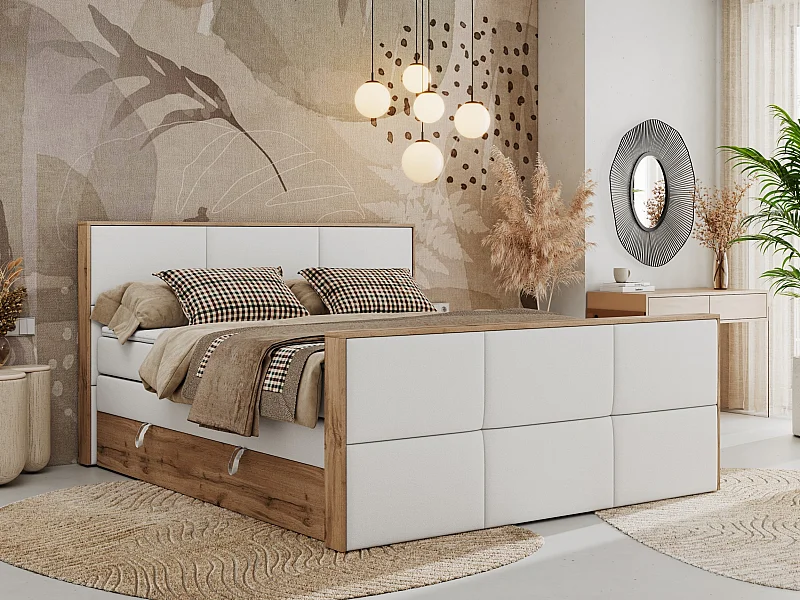 Boxspringbett ALBERO 2 KING DUO - Eiche Wotan Holzrahmen, zwei Multipocket-Matratzen, Bettkästen - 200x200 cm - H4 - Weiß Kunstleder