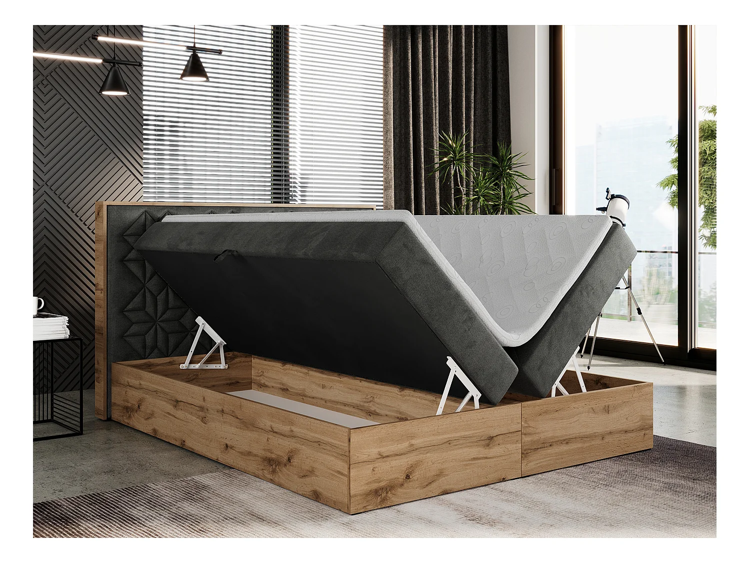 Boxspringbett NESSI - mit hoher Kopfstütze, Multipocket-Matratze und Topper, Doppelbett mit Bettkästen - 120x200 cm - H3 - Dunkelgrau Velvet