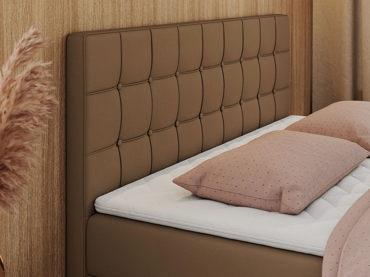 Boxspringbett CARMEN - Polsterbett mit zwei Bettkästen, gesteppte Kopfstütze, Multipocket-Matratze - 180x200 cm - H4 - Braun Kunstleder