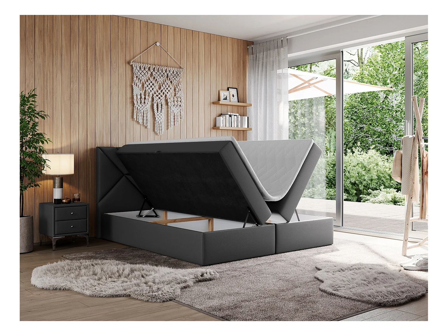 Boxspringbett NEOMI - dekorativem Kopfteil, Polsterbett mit Multipocket-Matratzen, zwei Bettkästen - 160x200 cm - H3 - Hellgrau Strukture