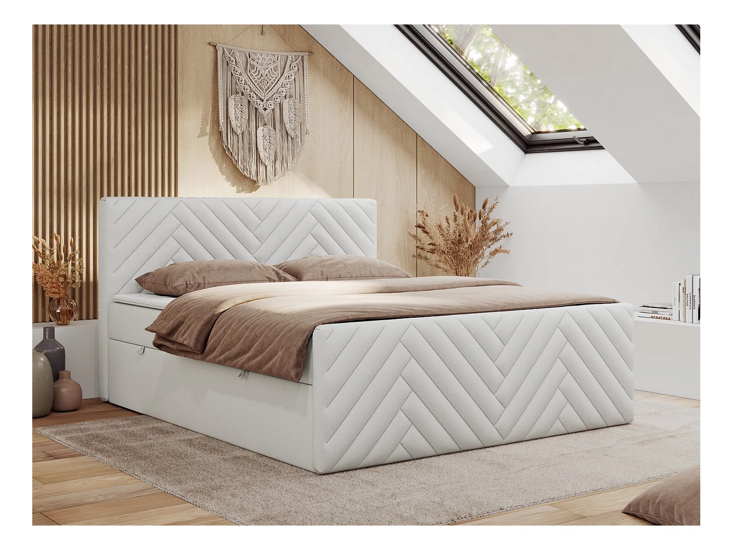 Boxspringbett PARIS DUO - Polsterbett mit genähtem Kopfteil und Frontplatte, Doppelbett, zwei Bettkästen - 120x200 cm - H4 - Weiß Kunstleder