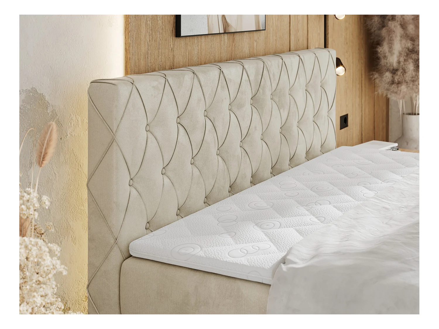 Boxspringbett MIREN KING DUO - für Schlafzimmer mit zwei Multipocket-Matratzen und Topper, gestepptes Kopfteil und Front  - 120x200 cm - H3 - Beige Velvet