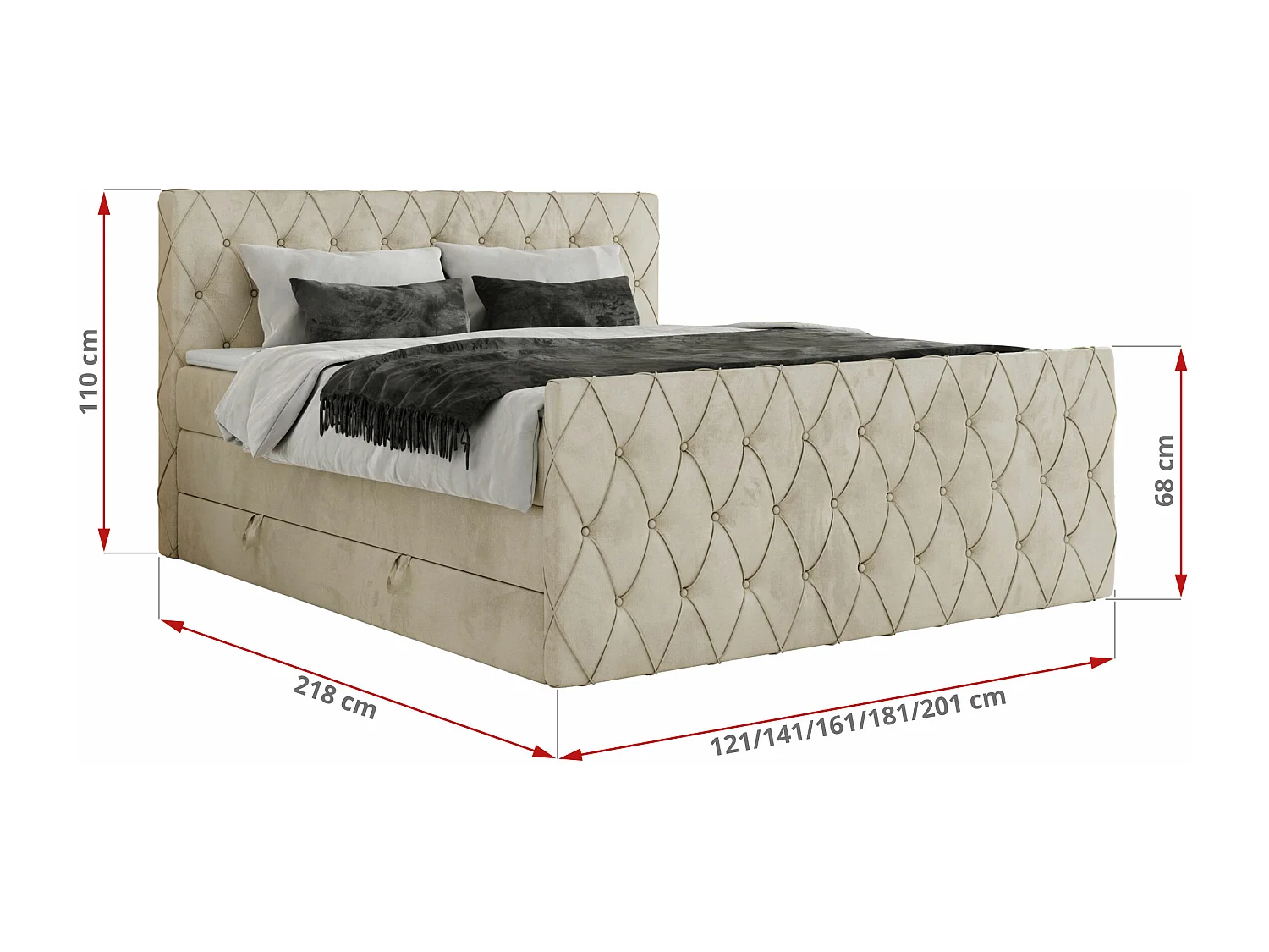 Boxspringbett MIREN KING DUO - für Schlafzimmer mit zwei Multipocket-Matratzen und Topper, gestepptes Kopfteil und Front  - 120x200 cm - H3 - Beige Velvet