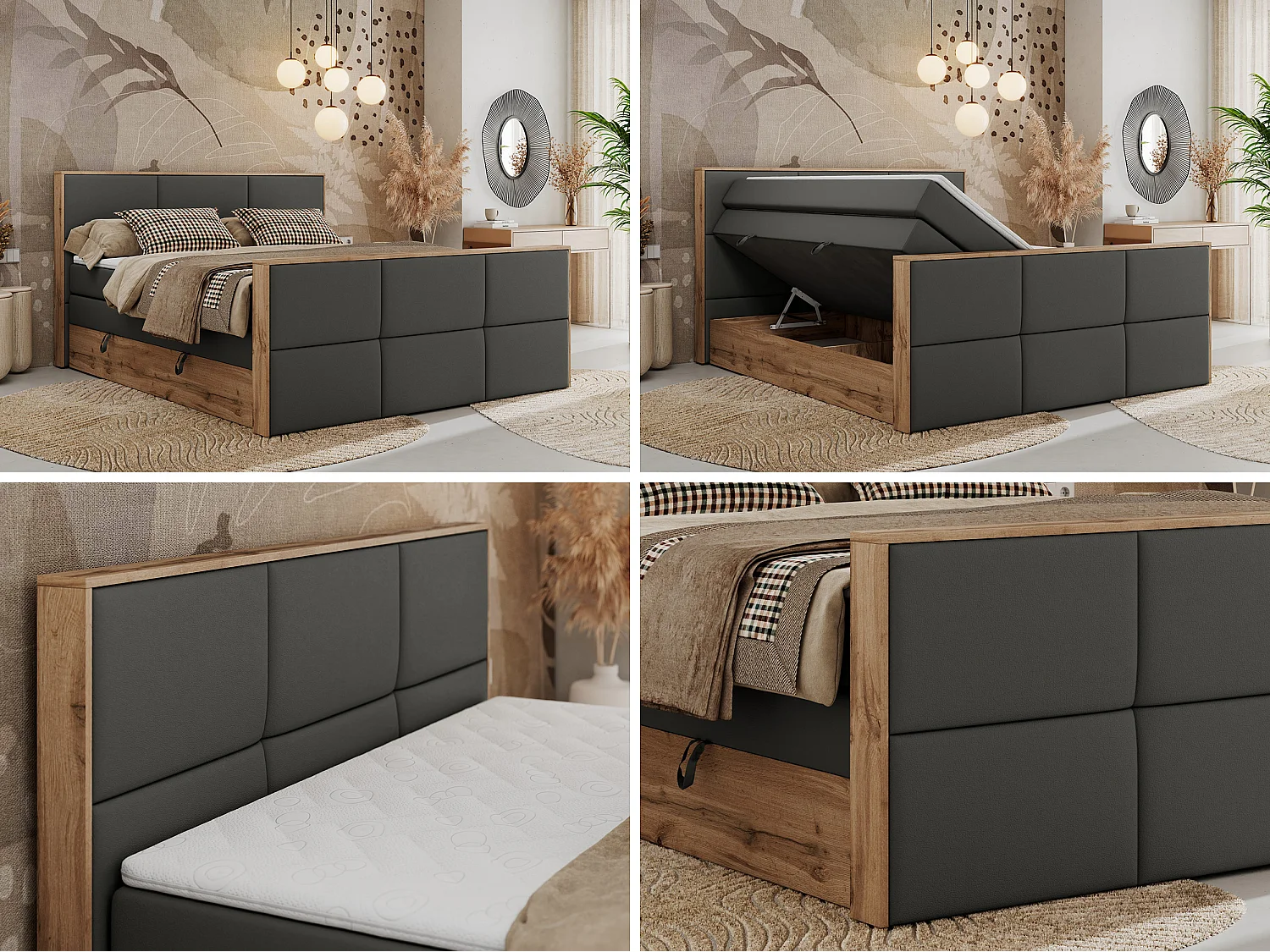 Boxspringbett ALBERO 2 KING DUO - Eiche Wotan Holzrahmen, zwei Multipocket-Matratzen, Bettkästen - 140x200 cm - H4 - Dunkelgrau Kunstleder