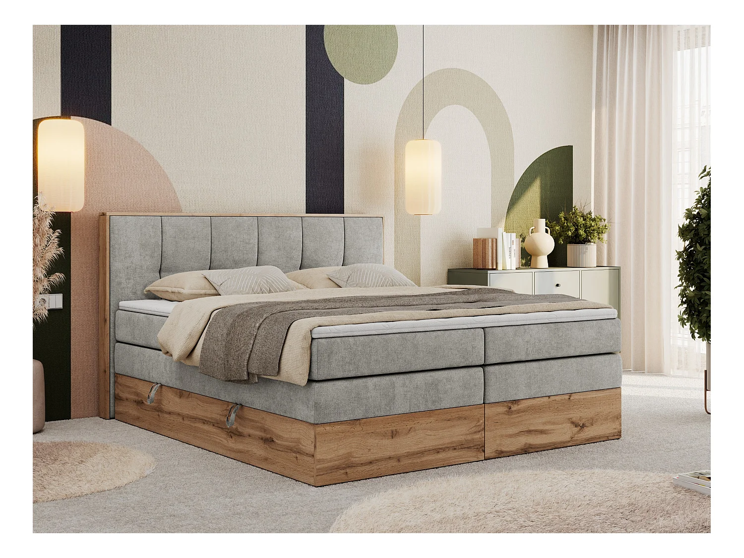 Boxspringbett ALBERO 1 KING - zwei 7 Härtezonen Multipocket-Matratzen, Doppelbett mit Stauraum, Eiche Wotan Holzrahmen - 120x200 cm - H3 - Hellgrau Strukture