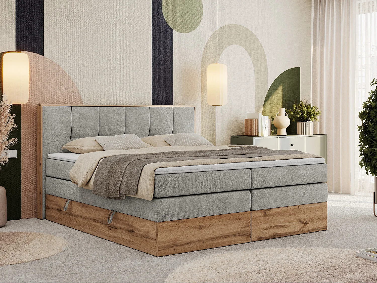 Boxspringbett ALBERO 1 KING - zwei 7 Härtezonen Multipocket-Matratzen, Doppelbett mit Stauraum, Eiche Wotan Holzrahmen - 120x200 cm - H3 - Hellgrau Strukture