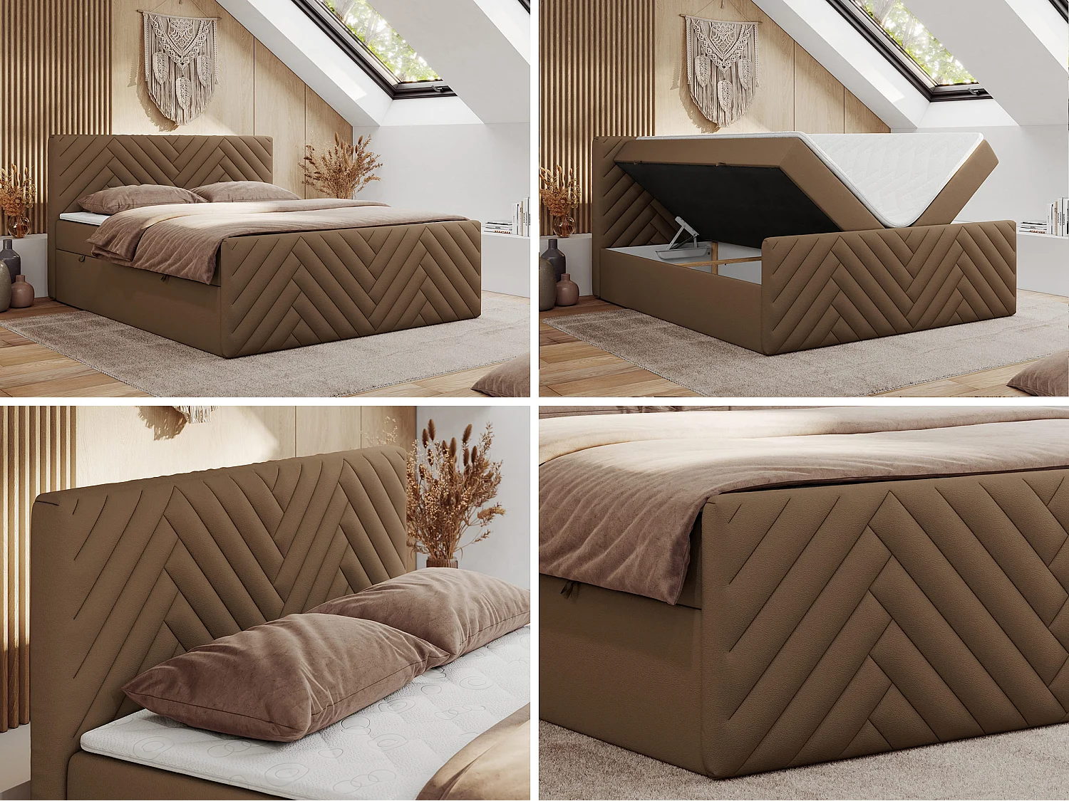 Boxspringbett PARIS DUO - Polsterbett mit genähtem Kopfteil und Frontplatte, Doppelbett, zwei Bettkästen - 180x200 cm - H3 - Braun Kunstleder